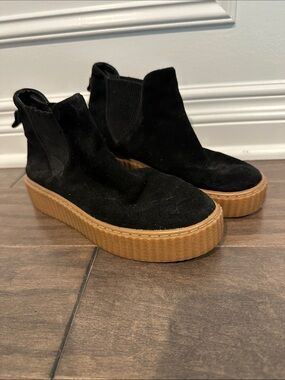 J Slides Black Suede Platform Chelsea Booties with Tan Gum Sole